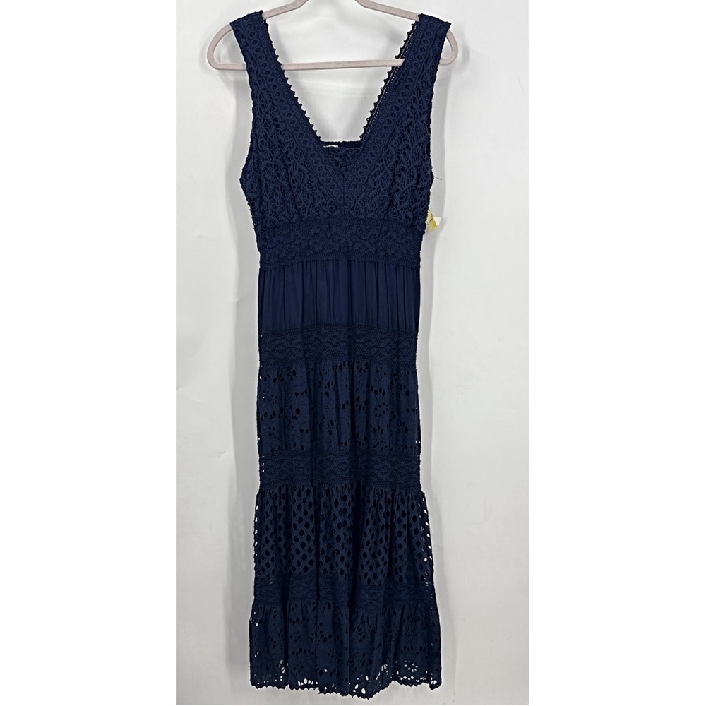 Reba 100% cotton laced eyelet tiered midi/ maxi dark  blue scalloped trim dress